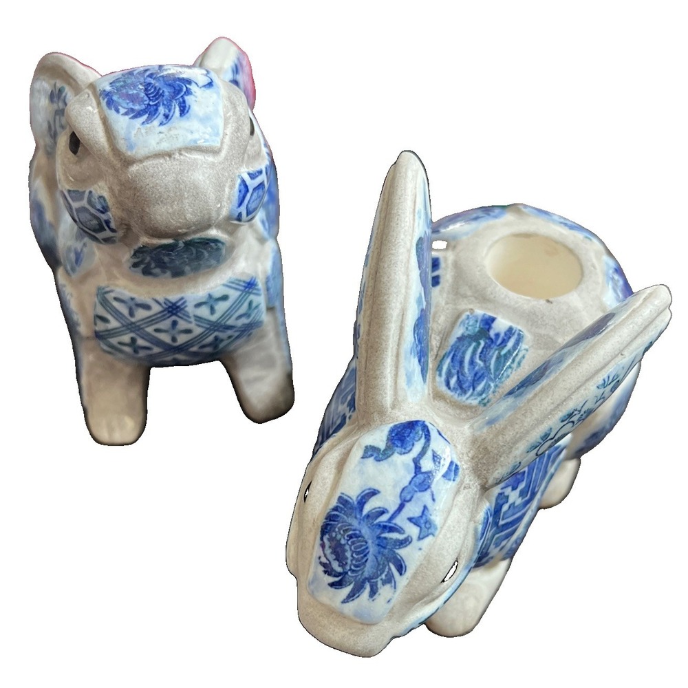 Nancy Lopez Vintage Blue Mosaic Rabbit/ Bunny Candleholder Set 1980 EUC